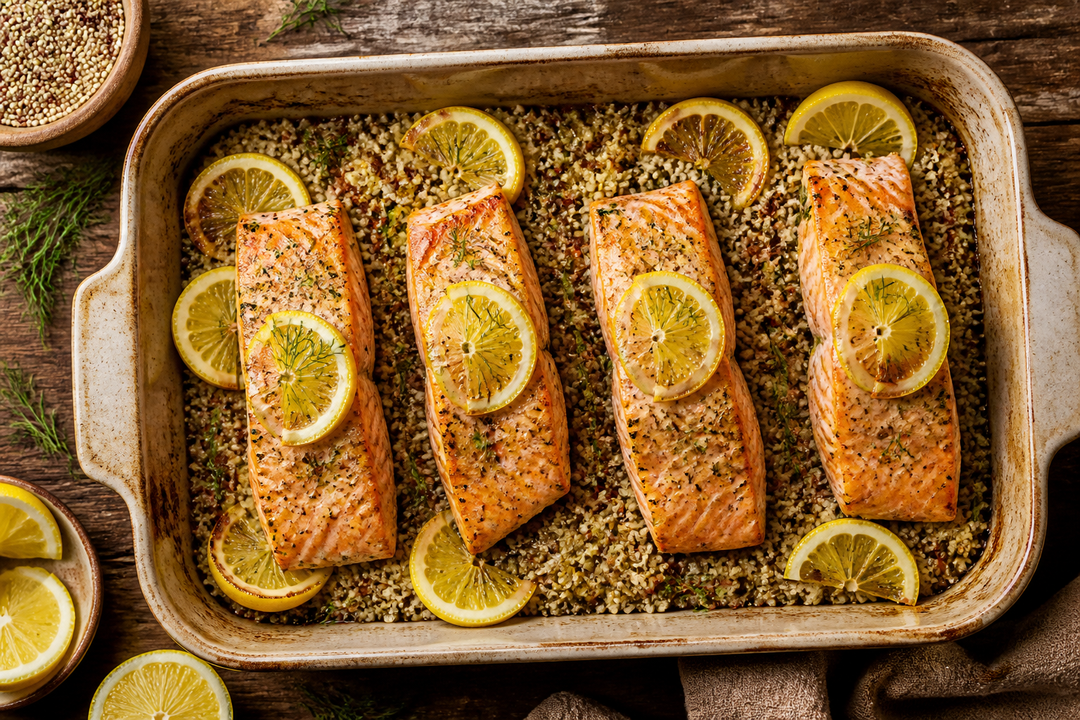 Overhead shot of Baked Salmon with Lemon