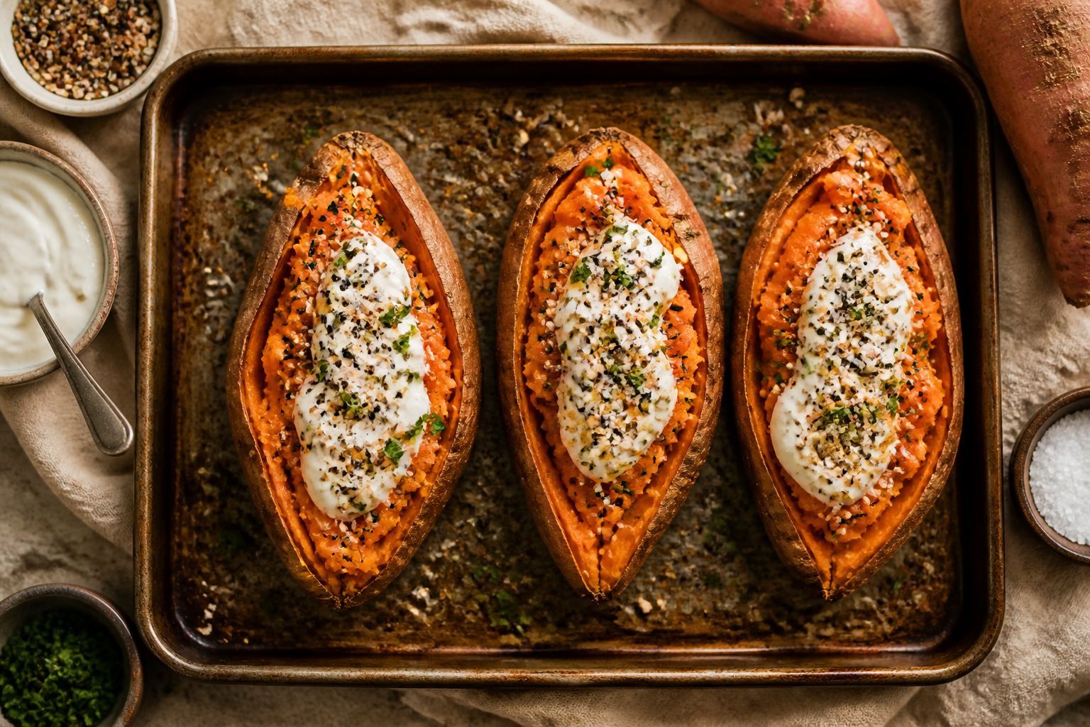 Overhead shot of Baked Sweet Potato with Yogurt and Everything Seasoning plated appetizingly in a baking tray