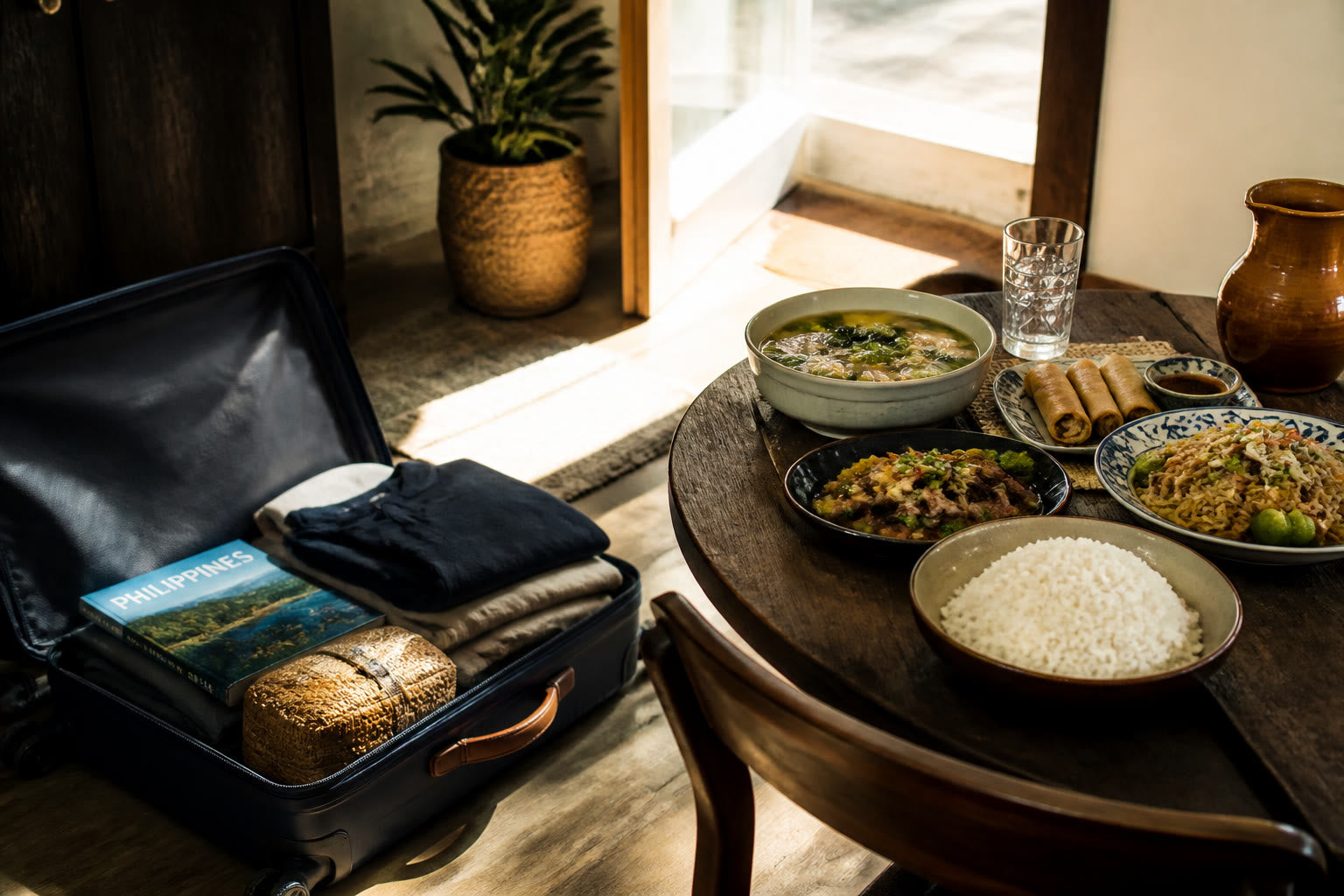 Partially packed suitcase beside a table of Filipino comfort food