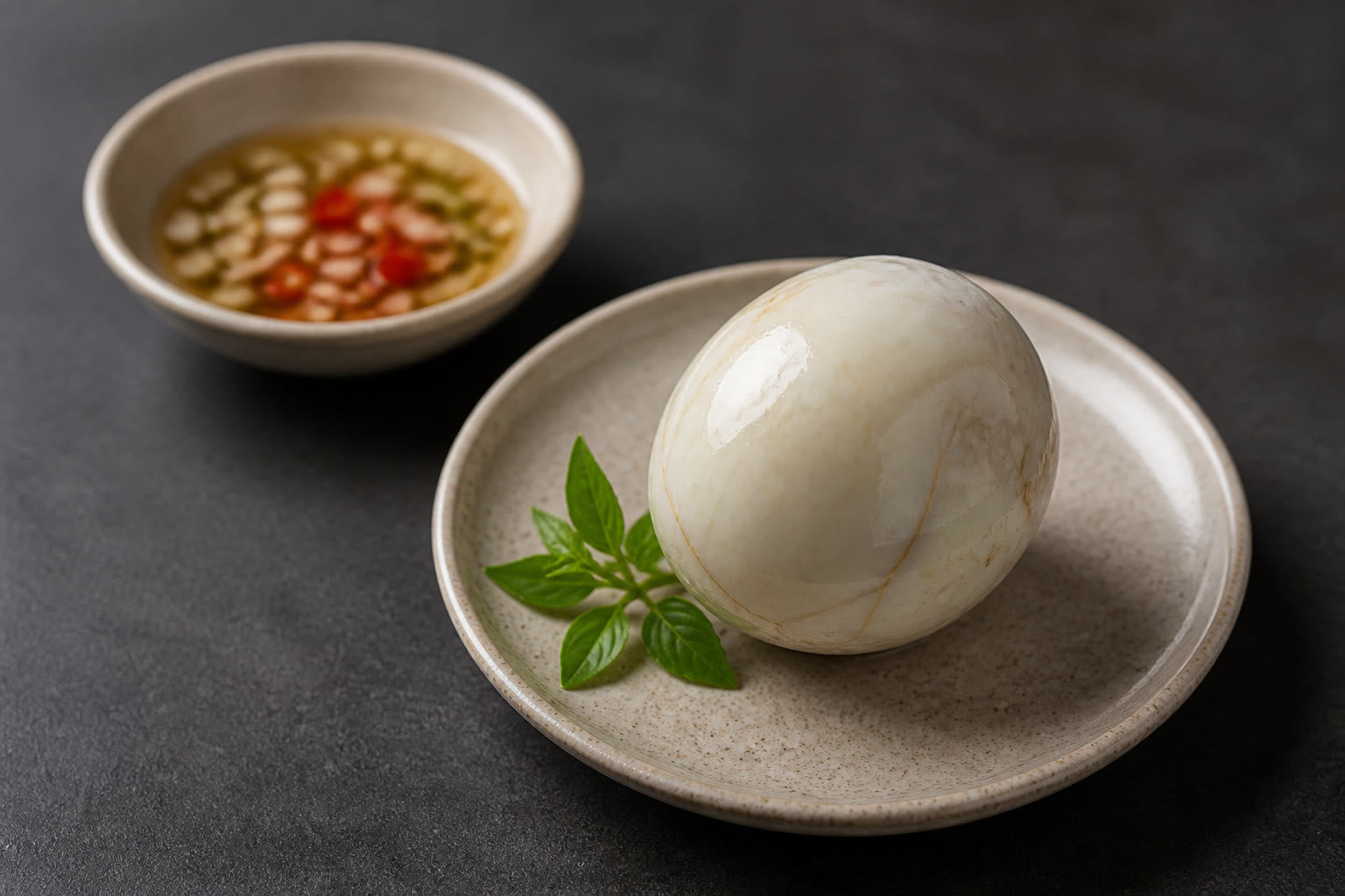 Peeled balut on a small plate with salt and vinegar dip