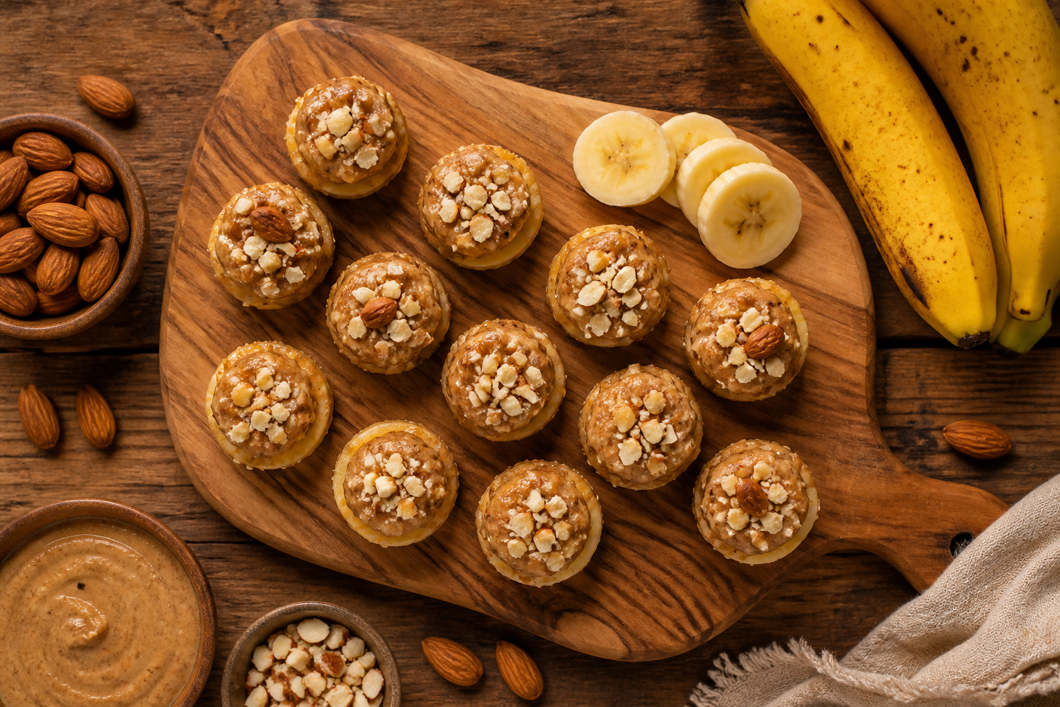 Overhead shot of Banana and Almond Butter Bites plated appetizingly in a wooden board