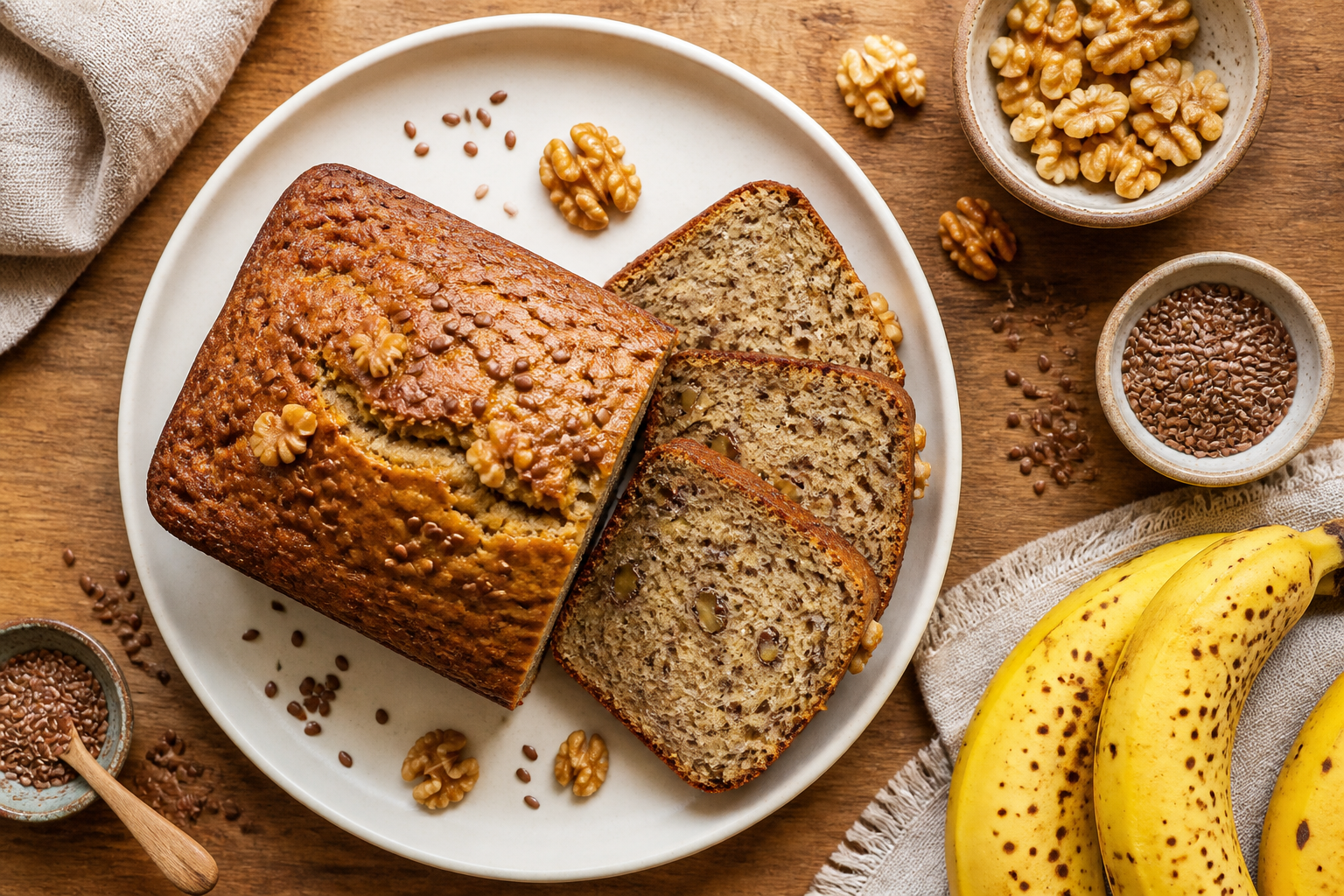 Overhead shot of Banana Bread with Flaxseed and Walnuts plated appetizingly in a clean plate