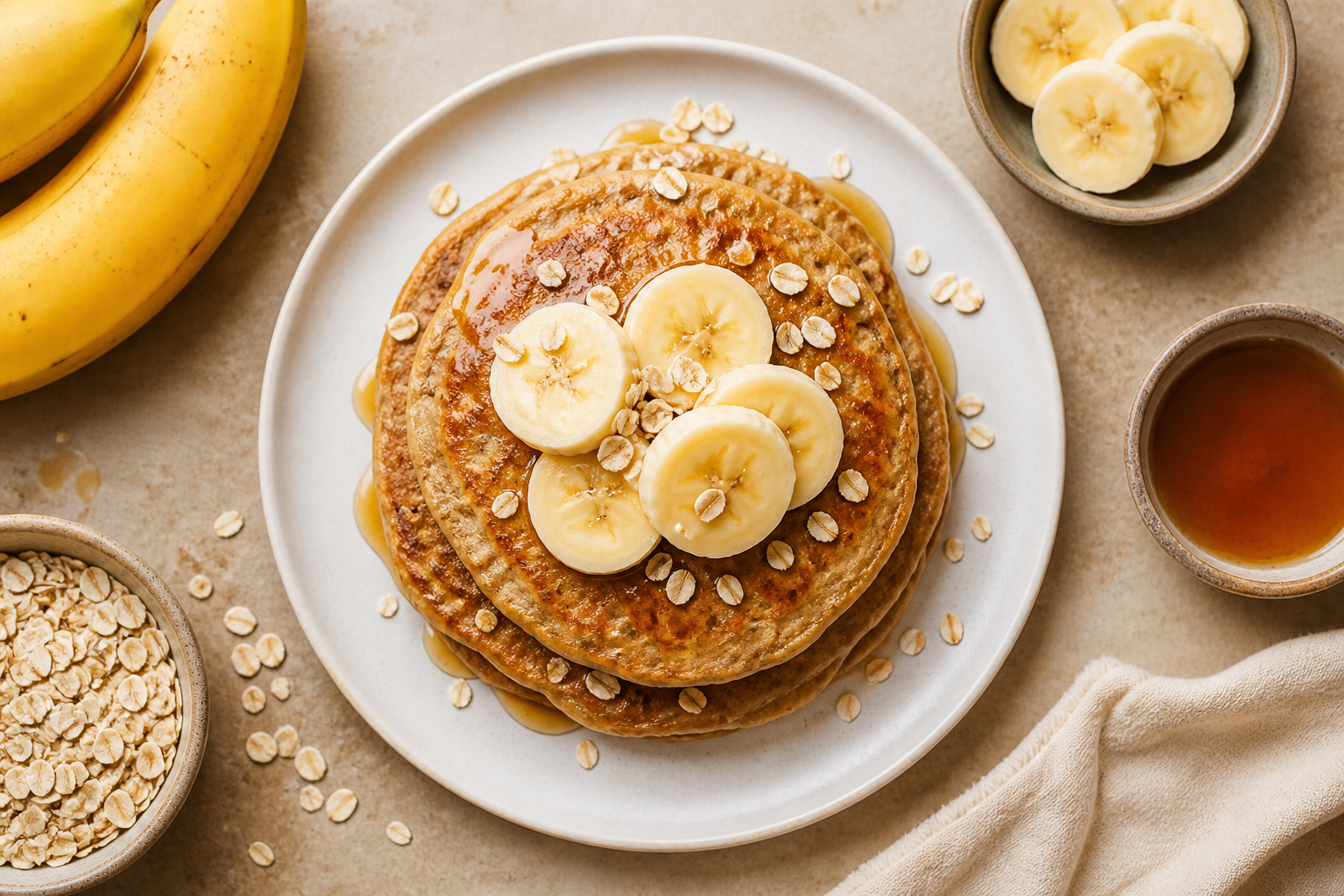 Overhead shot of Banana Oat Pancakes plated appetizingly in a clean plate