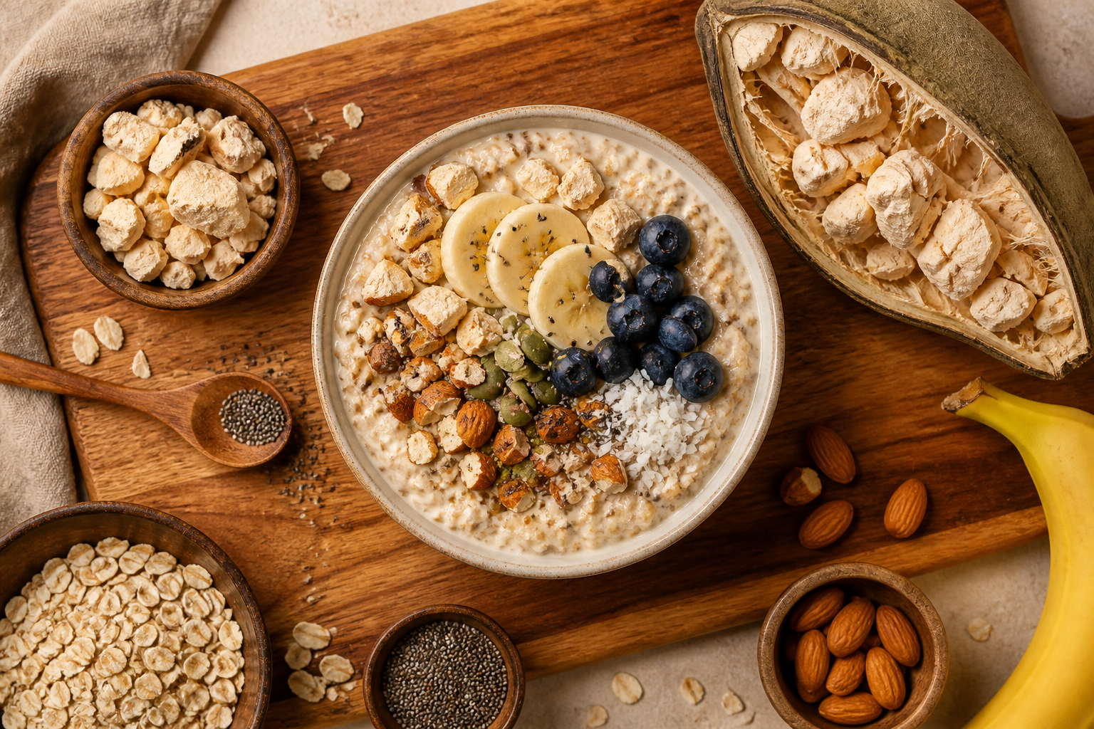 Overhead shot of Baobab Fruit Overnight Oats plated appetizingly in a wooden board