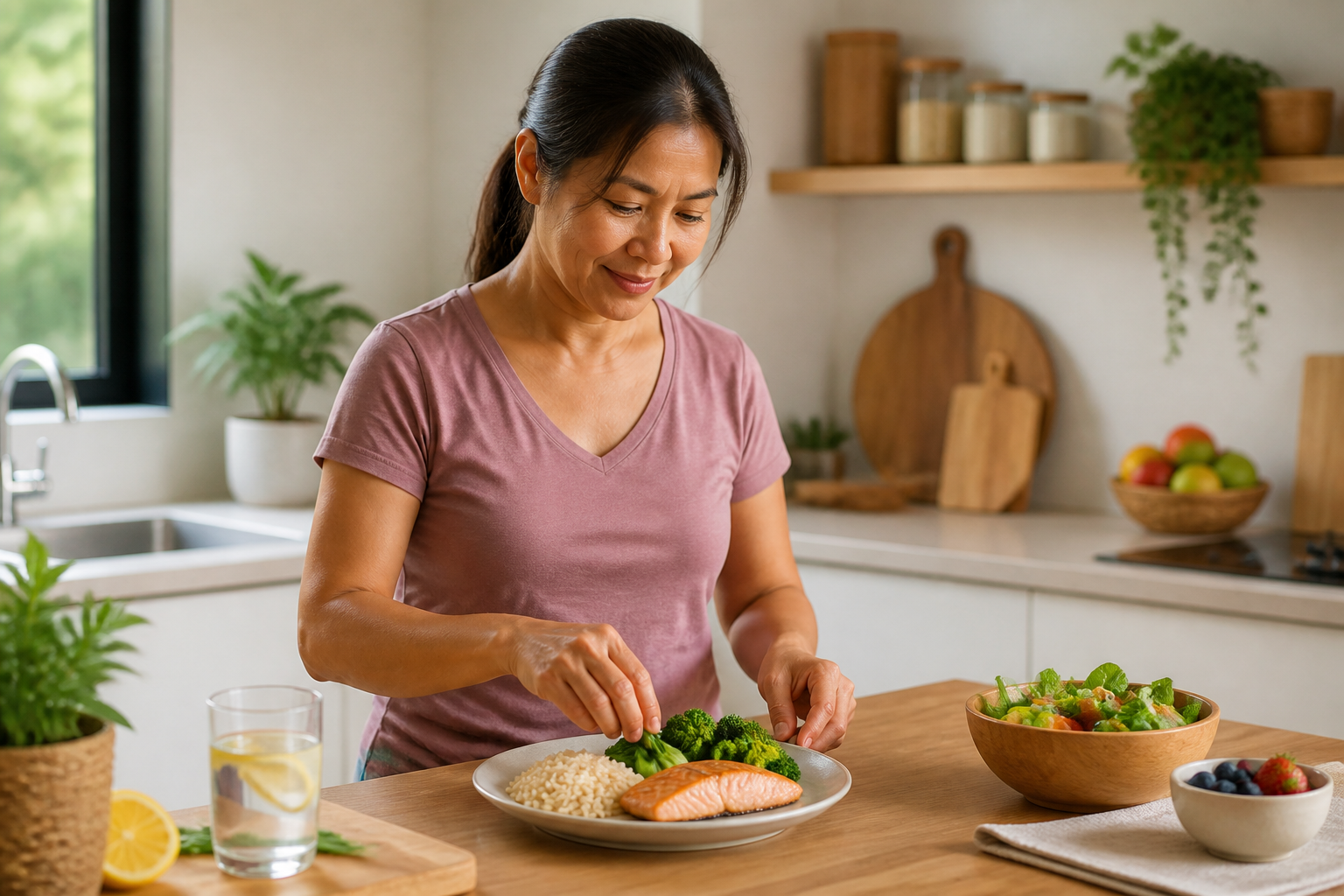 Filipino woman in her 40s standing at a kitchen counter preparing a small balanced meal