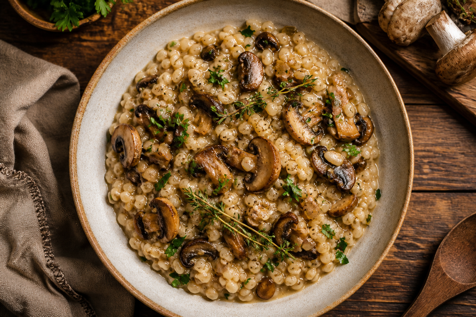 Overhead shot of Barley and Roasted Mushroom Risotto plated appetizingly in a ceramic bowl