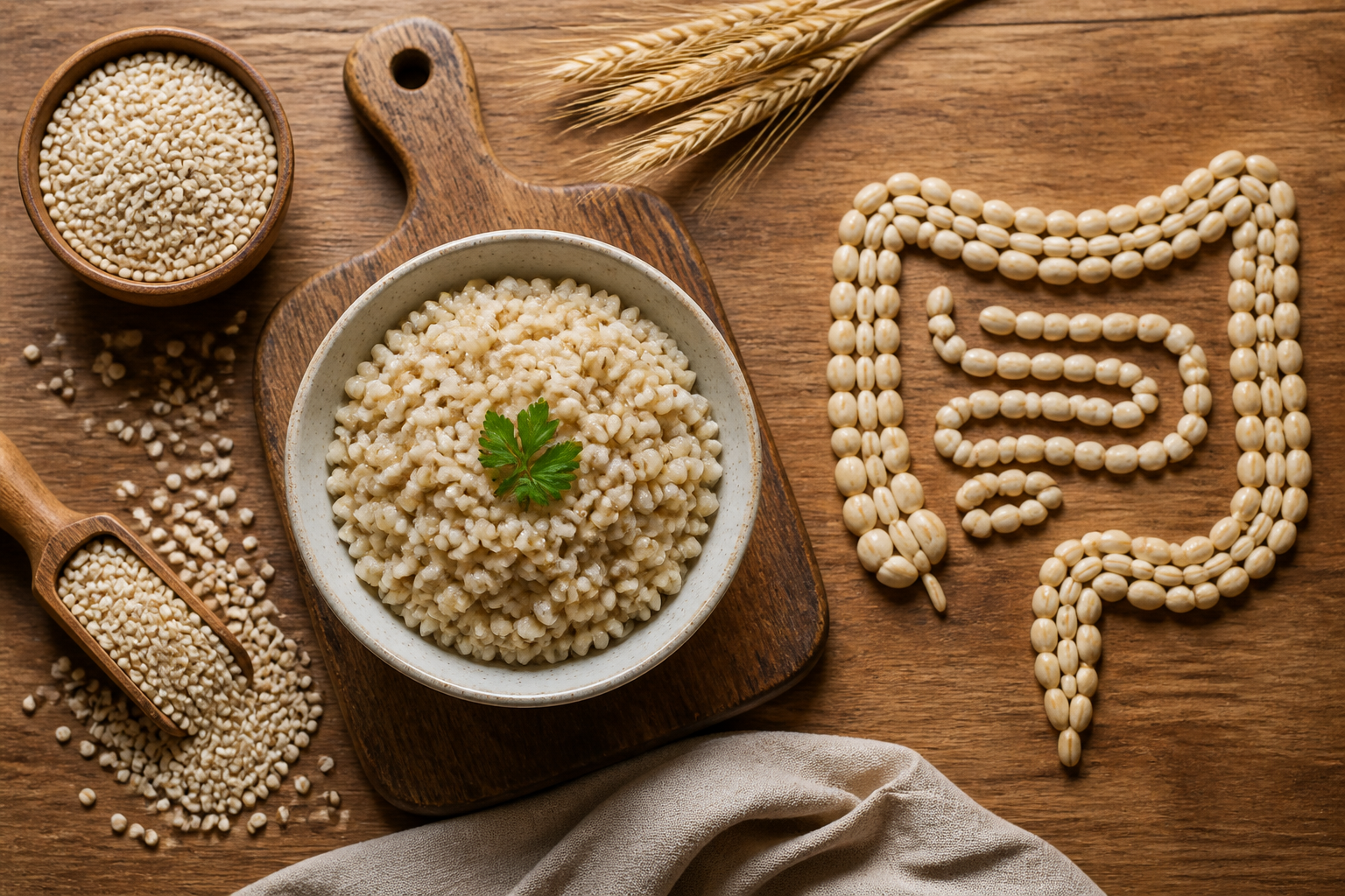 Overhead editorial still life related to Barley and Your Gut on a warm wooden surface