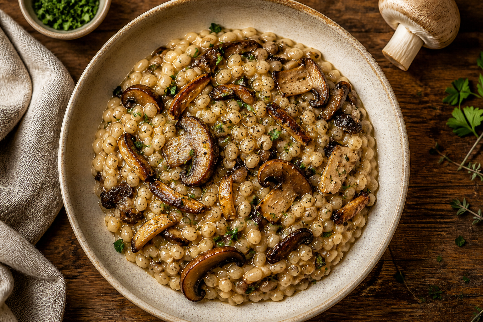Overhead shot of Barley Mushroom Risotto plated appetizingly in a ceramic bowl