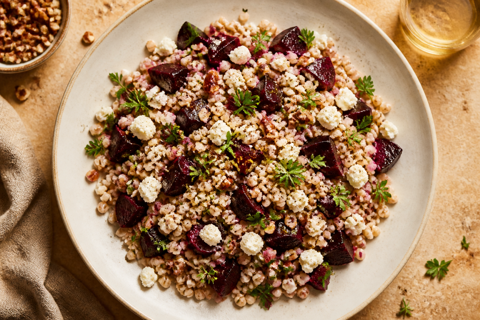 Overhead shot of Barley Salad with Roasted Beets and Feta plated appetizingly in a wide clean plate