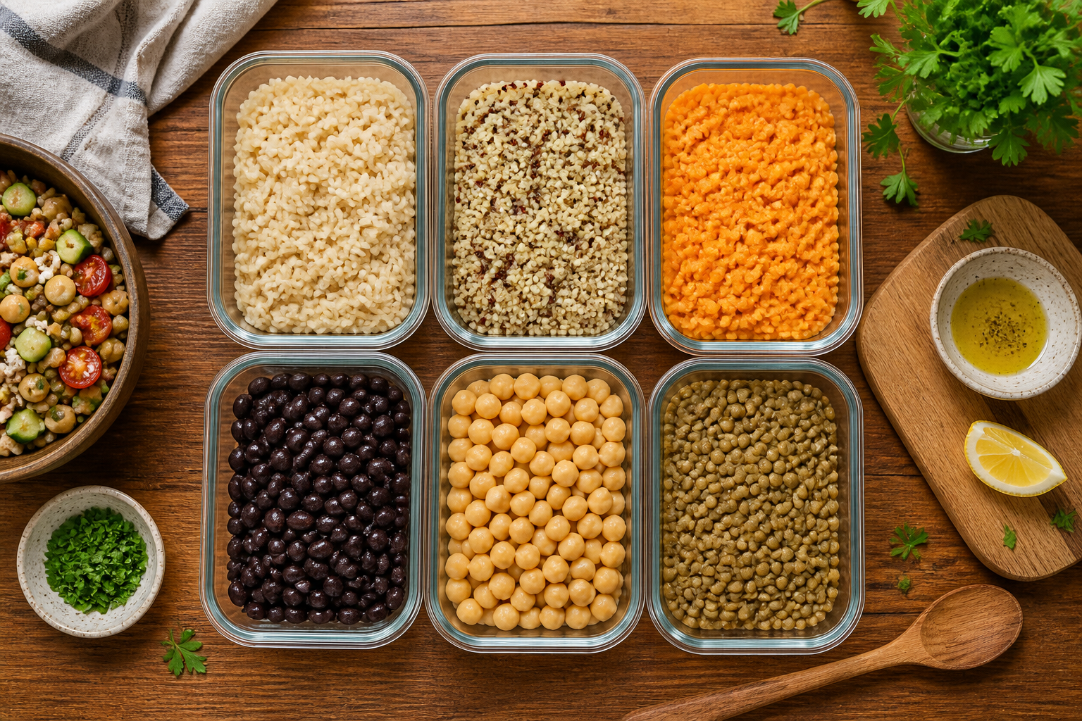 Overhead editorial still life related to Batch-Cooking Grains and Legumes for a Week of Easier Meals on a warm wooden surface