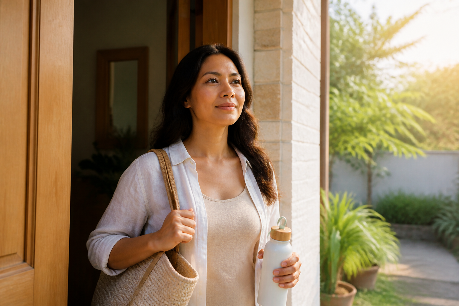 Filipino woman in her 30s stepping confidently out of her front door