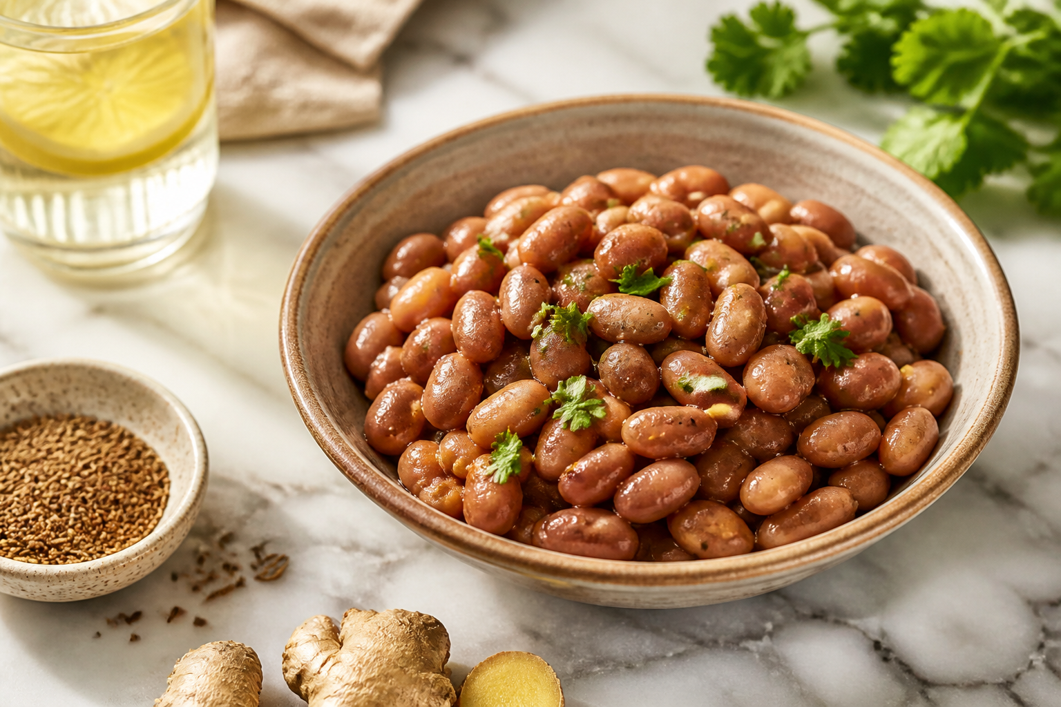 Close-up editorial still life of Beans Making You Gassy? A Simple Fix on a clean wooden or marble surface