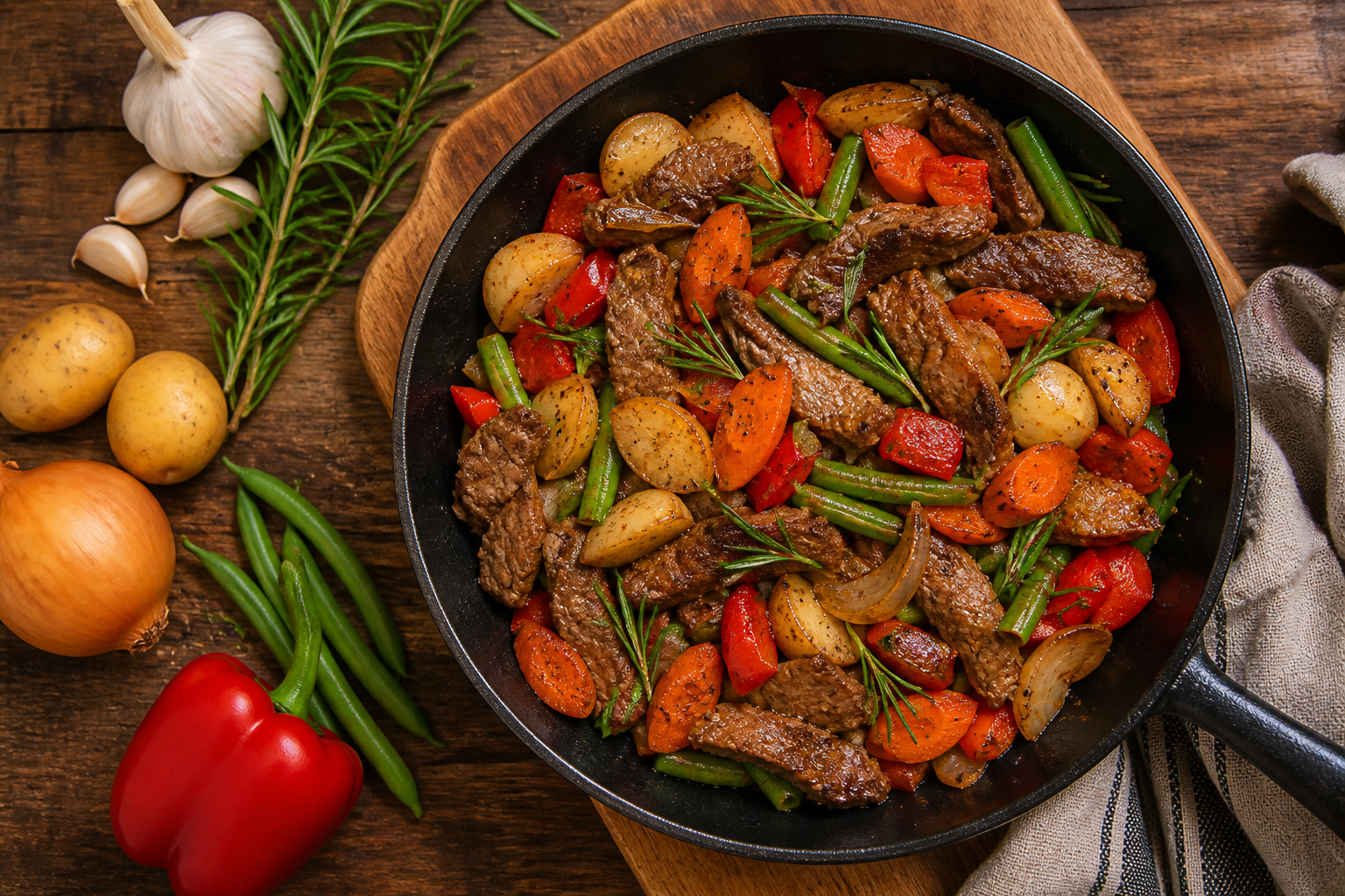 Overhead shot of Beef and Vegetable Skillet with Rosemary plated appetizingly in a wooden board