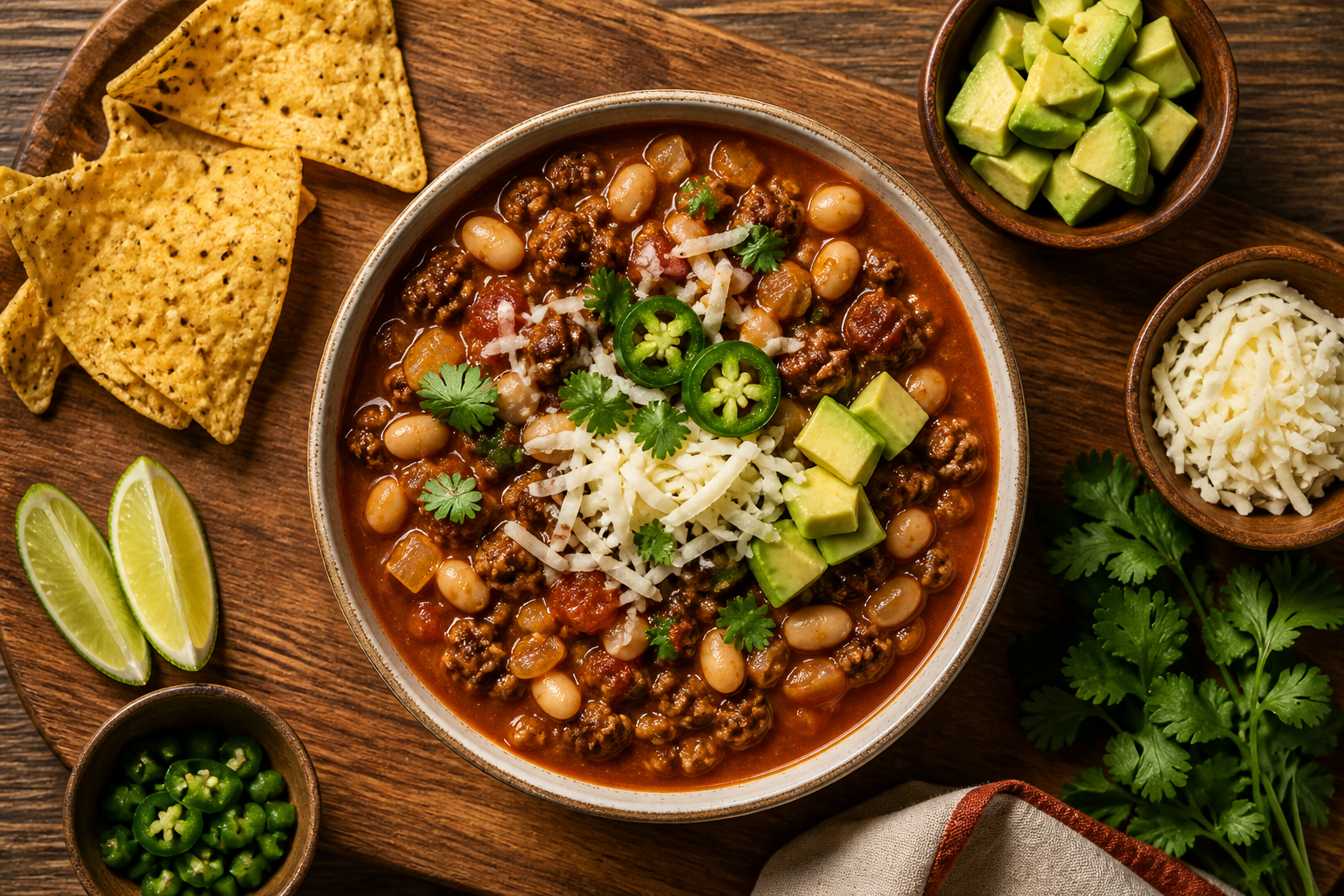 Overhead shot of Beef and White Bean Chili plated appetizingly in a wooden board