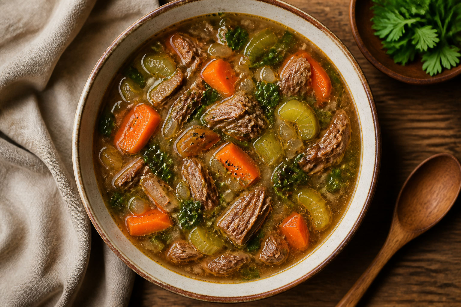Overhead shot of Beef Bone Broth Vegetable Soup plated appetizingly in a ceramic bowl