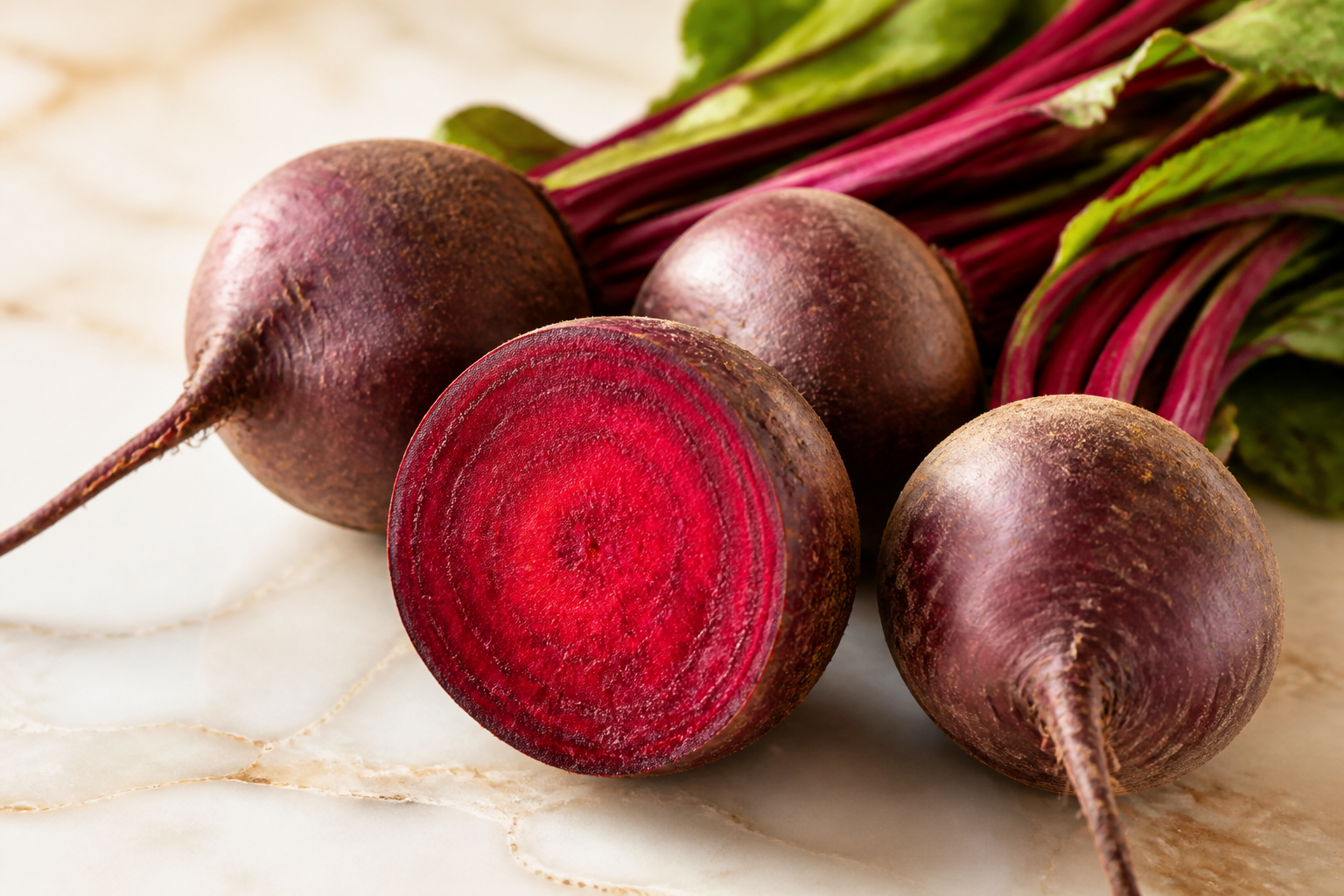 Close-up editorial still life of Beets on a clean wooden or marble surface