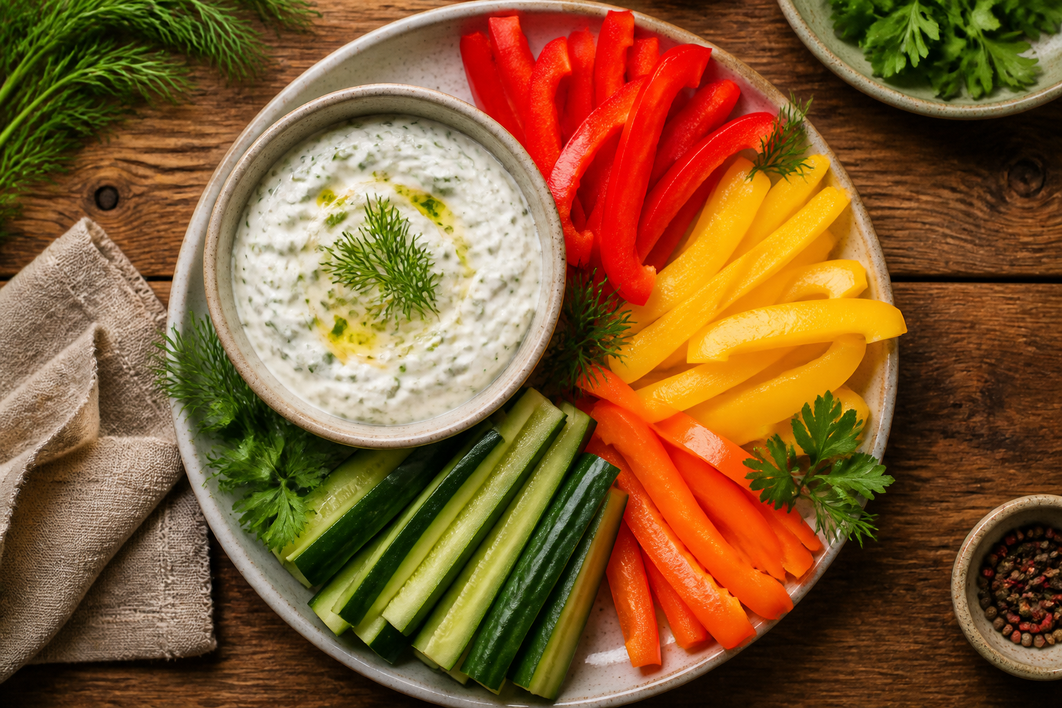 Overhead shot of Bell Pepper Cucumber Crudite with Herb Yogurt Dip plated appetizingly in a small ceramic bowl