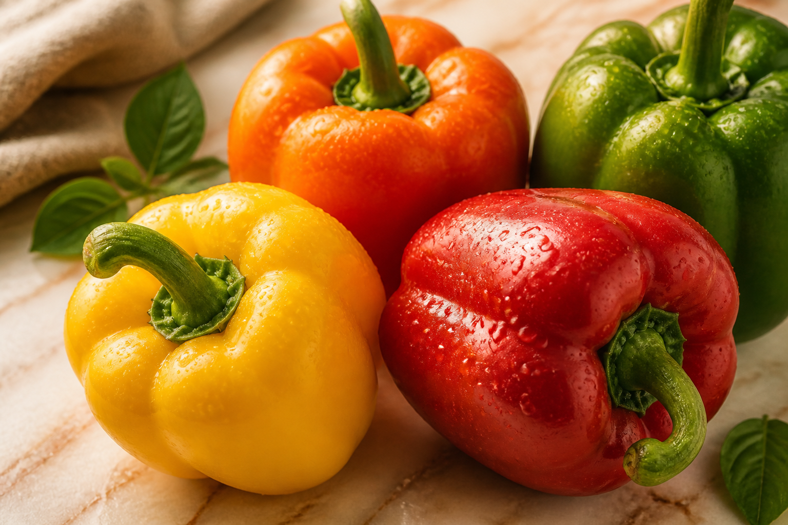 Close-up editorial still life of Bell Peppers on a clean wooden or marble surface