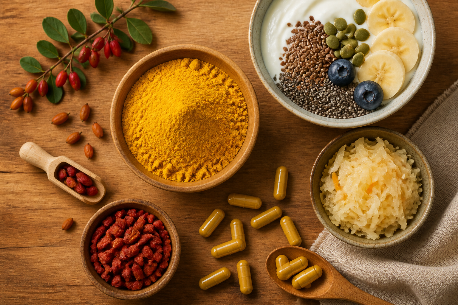 Overhead editorial still life related to Berberine and Your Gut on a warm wooden surface