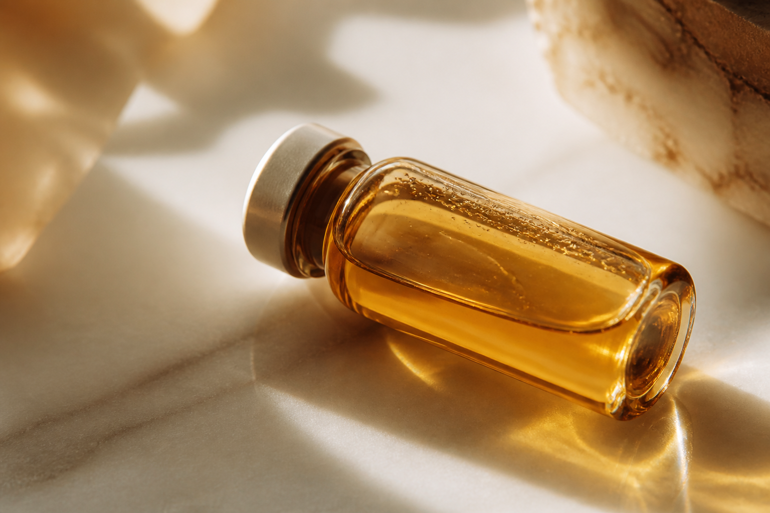 Abstract close-up of warm golden amber liquid in a small glass vial on a white surface