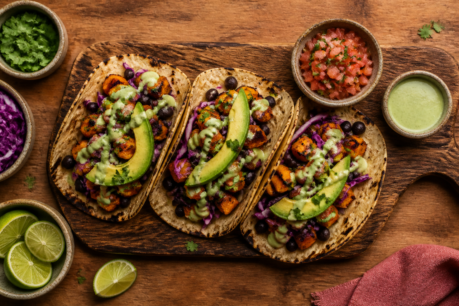 Overhead shot of Black Bean and Sweet Potato Tacos plated appetizingly in a wooden board