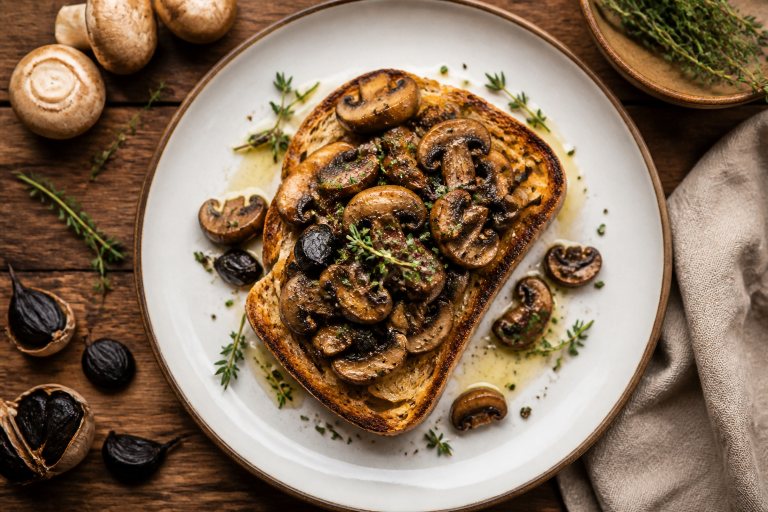 Overhead shot of Black Garlic Mushroom Toast plated appetizingly in a clean plate