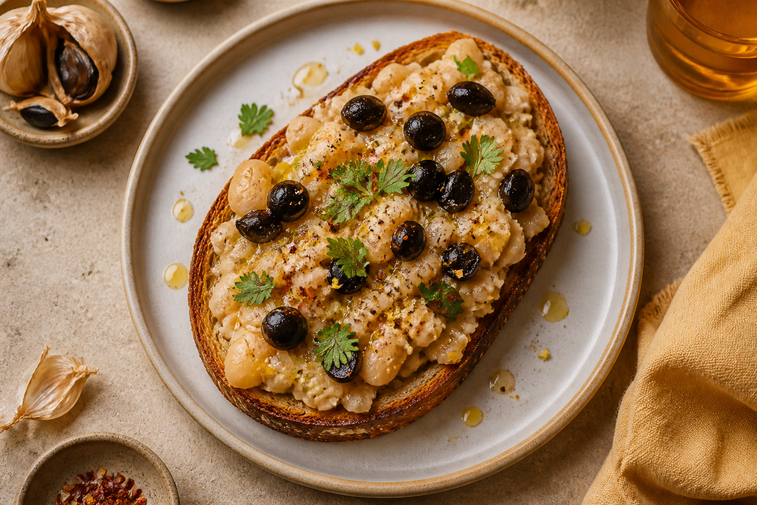 Overhead shot of Black Garlic White Bean Toast plated appetizingly in a clean plate