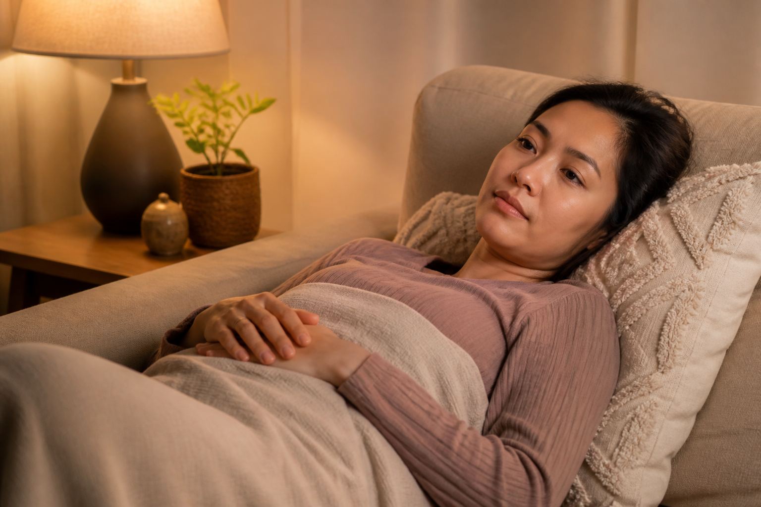 Filipino woman in her 30s lying on a couch at home after dinner