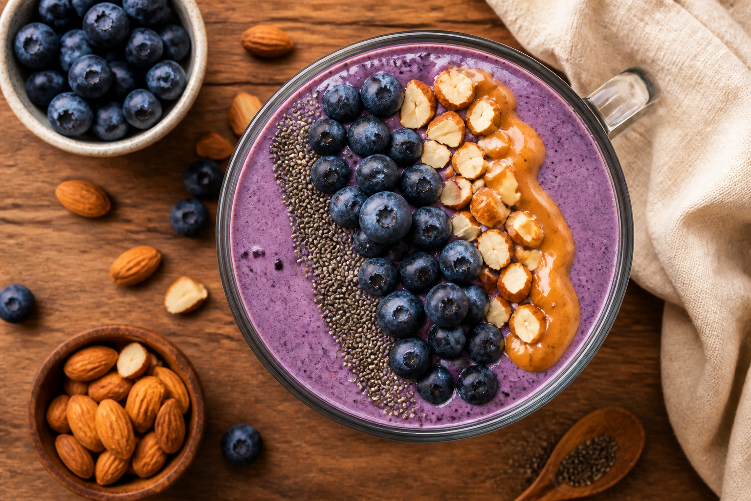 Overhead shot of Blueberry Almond Butter Smoothie Bowl plated appetizingly in a tall glass or mug