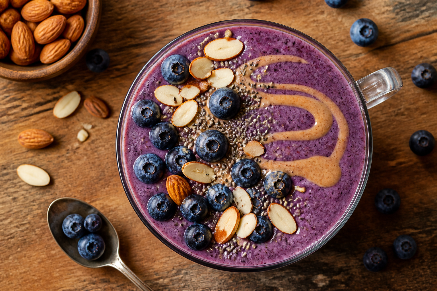 Overhead shot of Blueberry and Almond Butter Smoothie Bowl plated appetizingly in a tall glass or mug