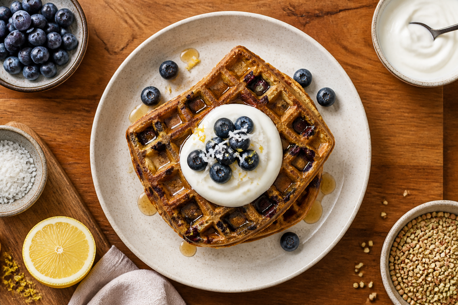 Overhead shot of Blueberry Buckwheat Waffles with Coconut Yogurt plated appetizingly in a clean plate