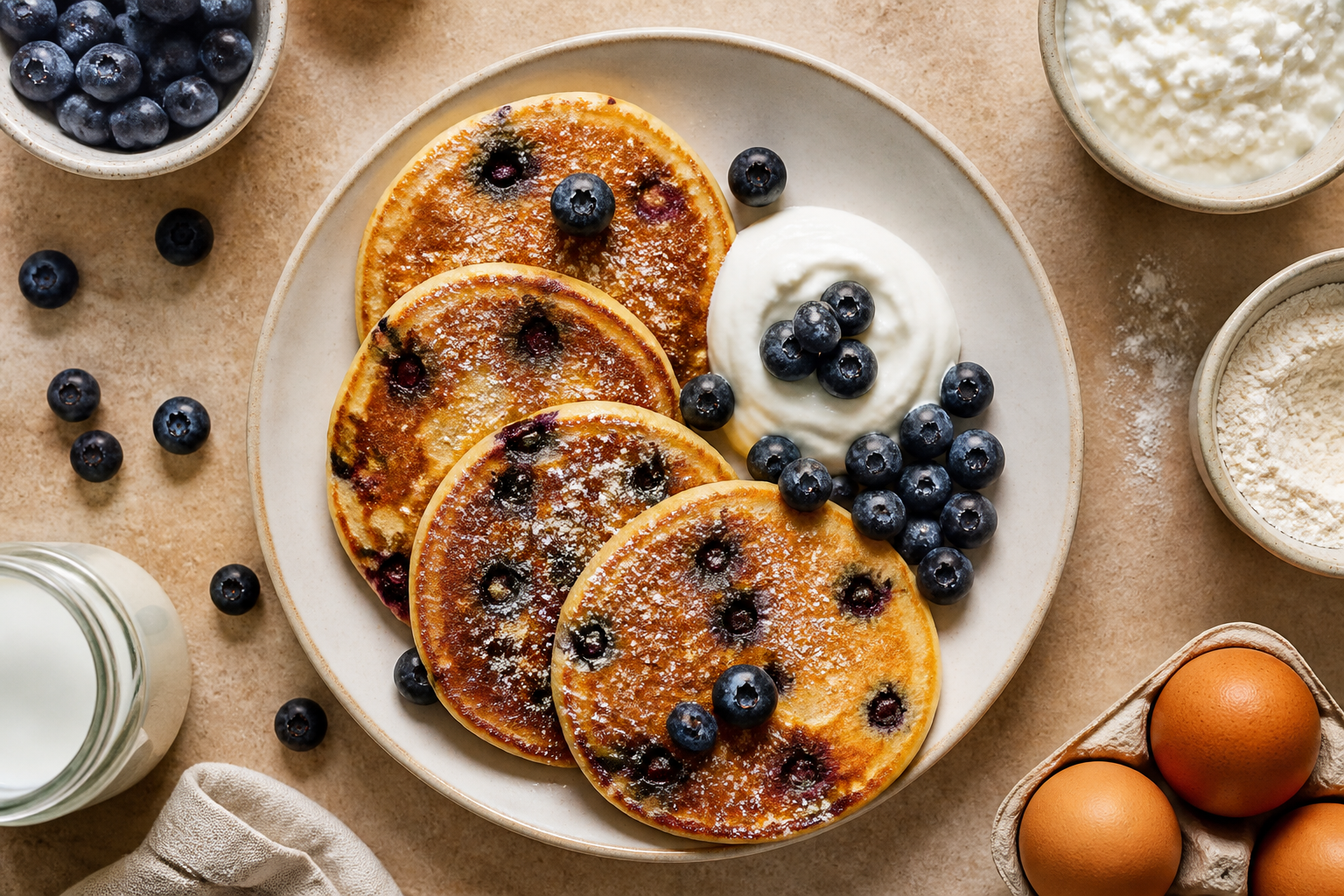 Overhead shot of Blueberry Kefir Pancakes plated appetizingly in a clean plate