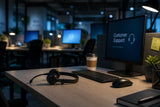BPO workstation with headset and coffee cup under night-shift lighting