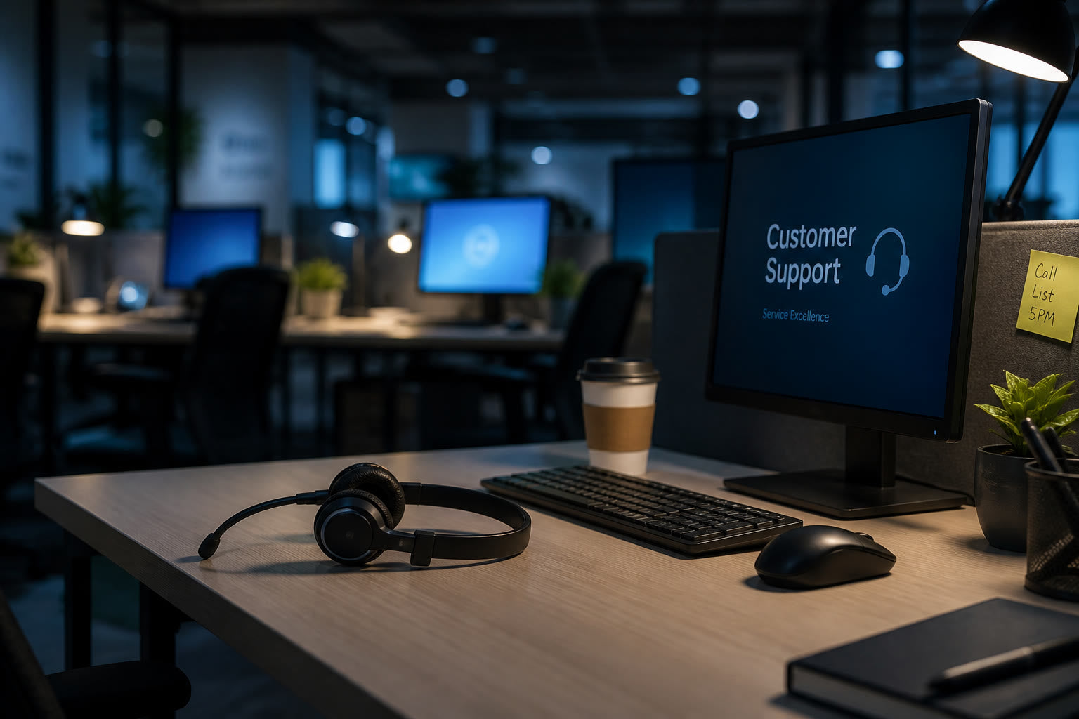 BPO workstation with headset and coffee cup under night-shift lighting
