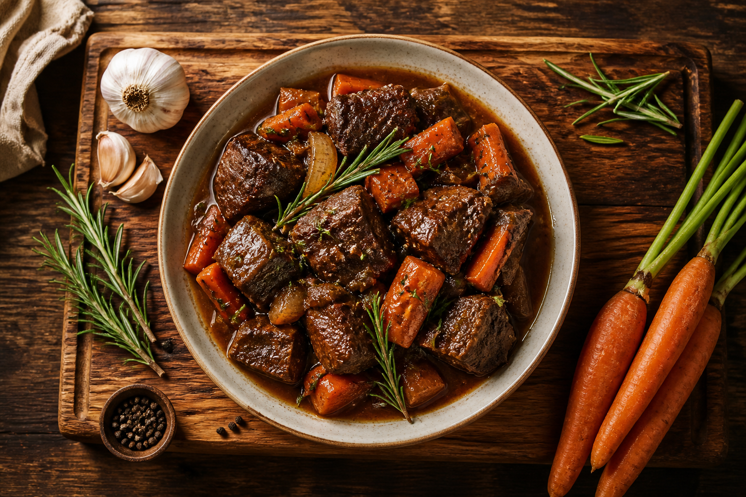 Overhead shot of Braised Beef with Carrots and Rosemary plated appetizingly in a wooden board