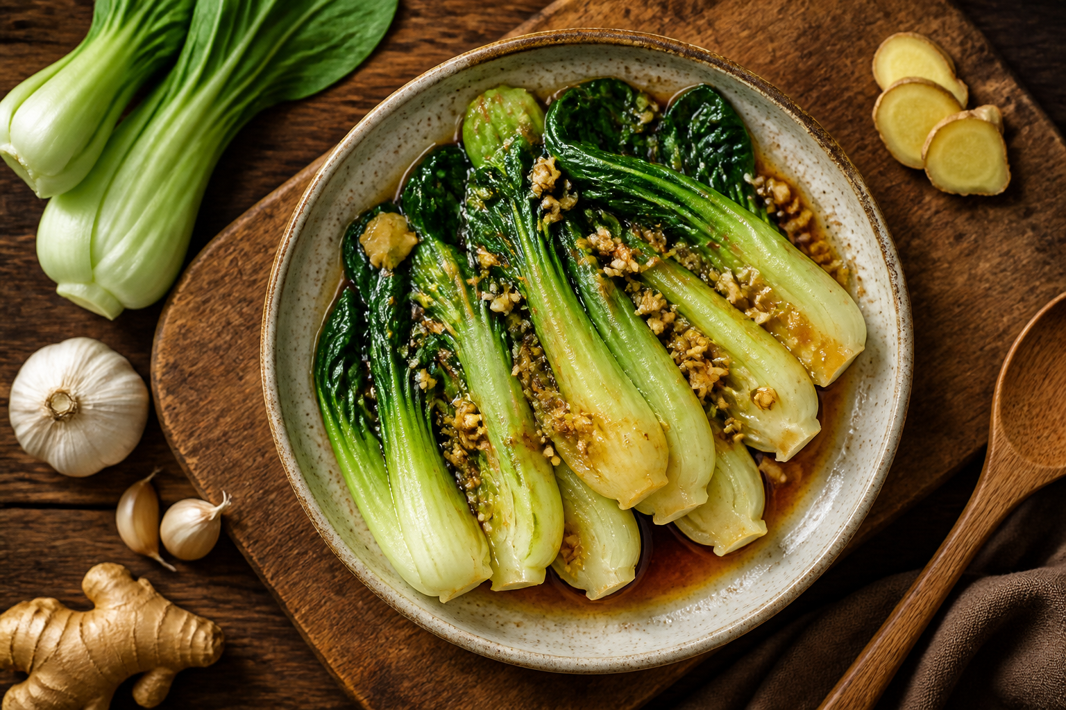 Overhead shot of Braised Bok Choy with Garlic and Ginger plated appetizingly in a wooden board