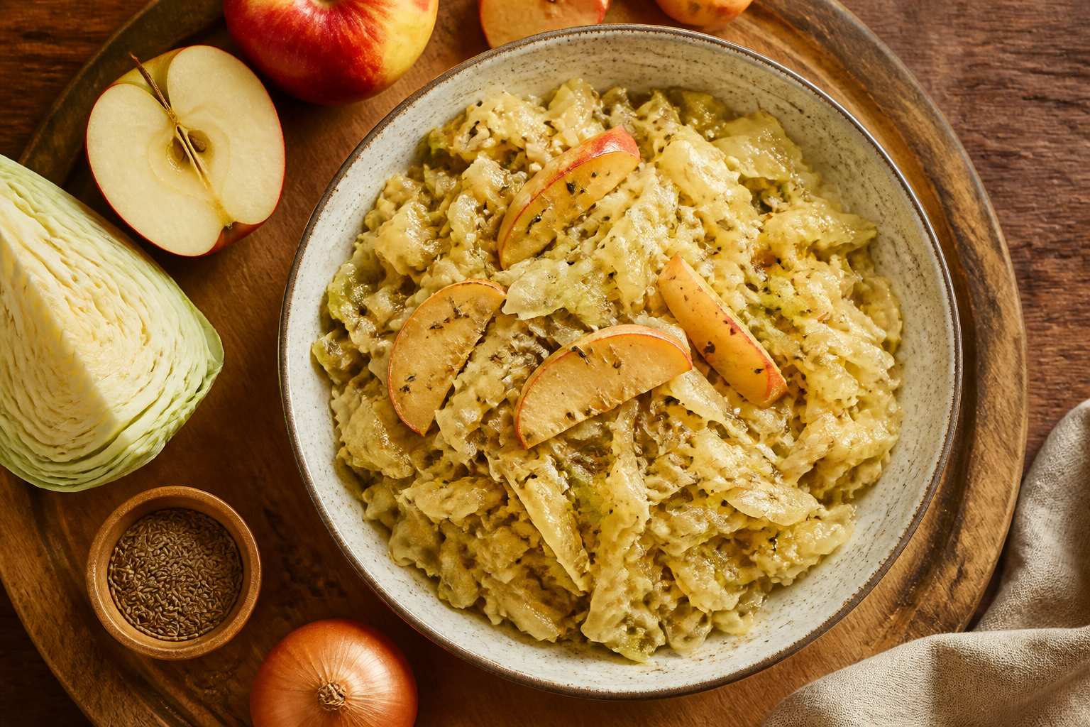 Overhead shot of Braised Cabbage with Apple and Caraway plated appetizingly in a wooden board