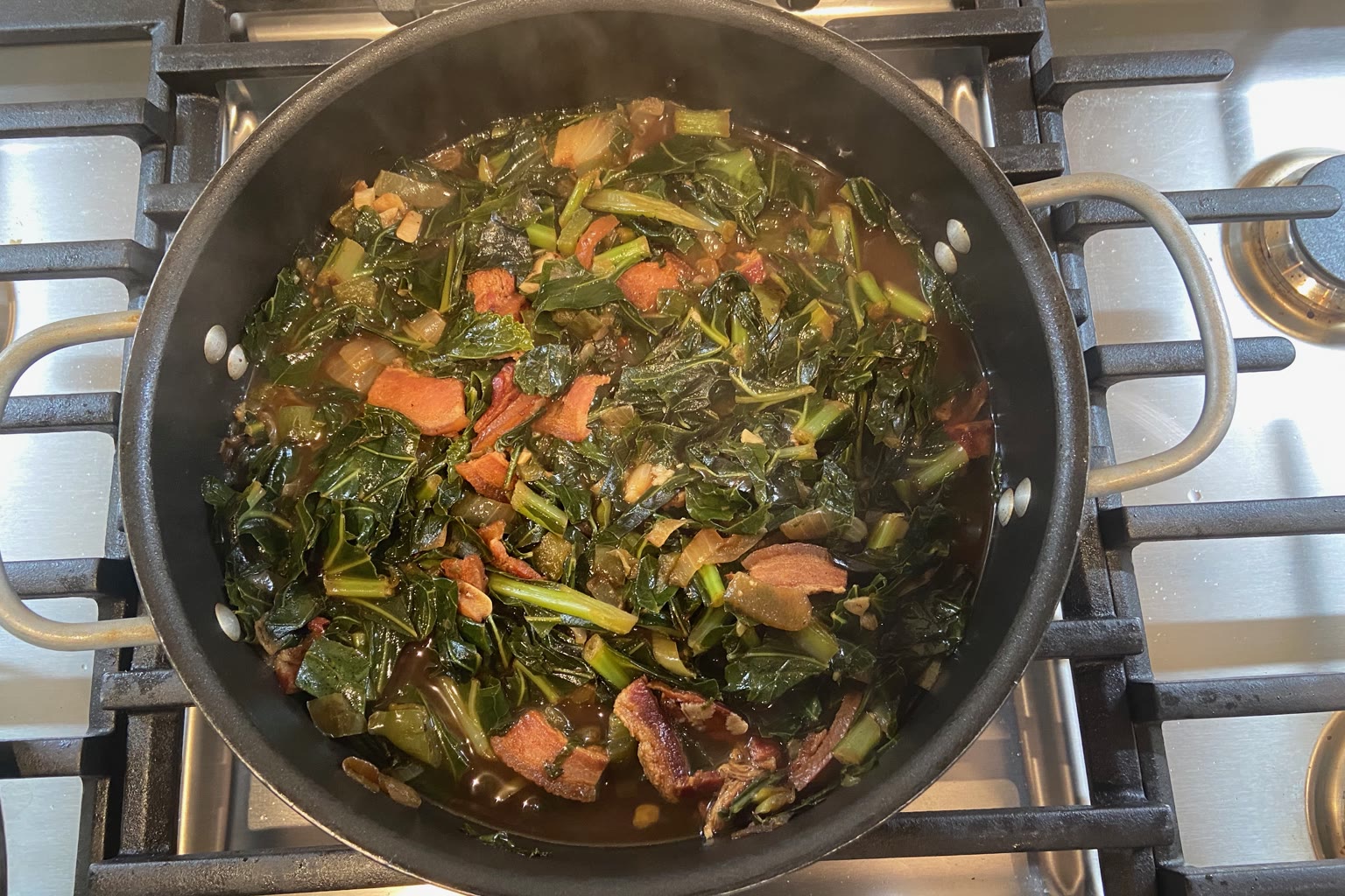 Braised Swiss chard in cast iron skillet