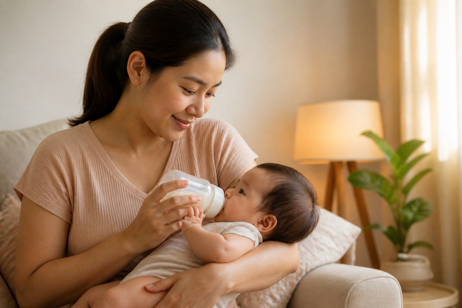 Filipino mother in her 30s with a baby in a softly lit home