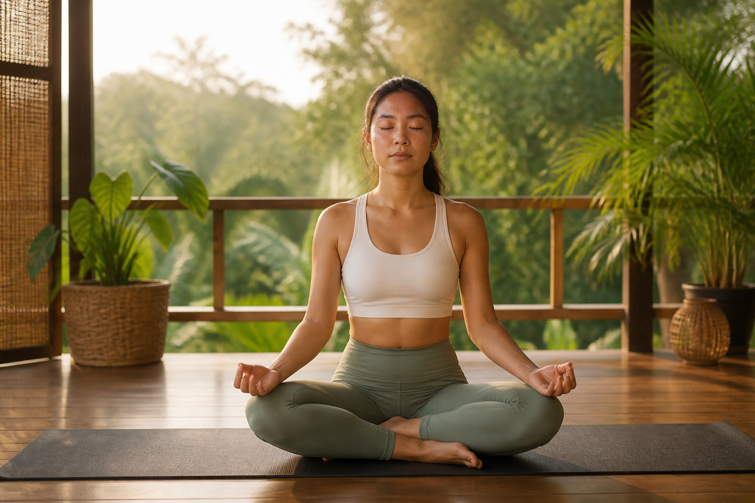 Filipino woman seated cross-legged on a yoga mat