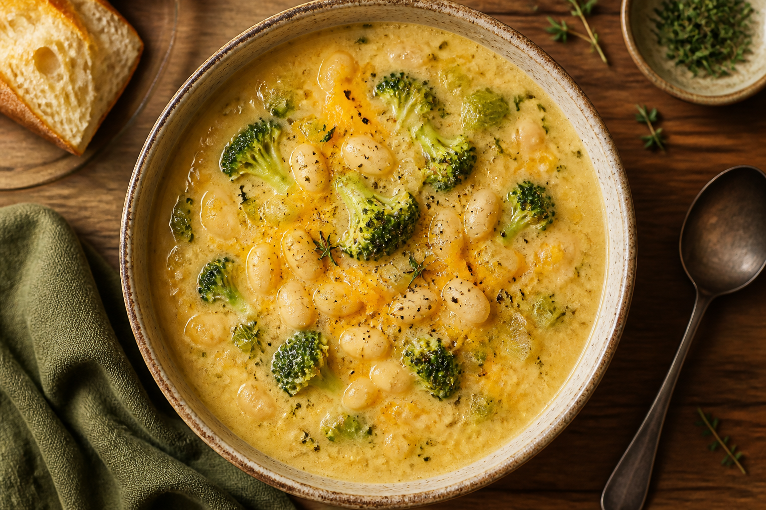 Overhead shot of Broccoli Cheddar White Bean Soup plated appetizingly in a ceramic bowl