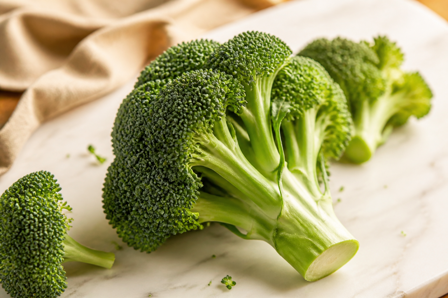 Close-up editorial still life of Broccoli on a clean wooden or marble surface