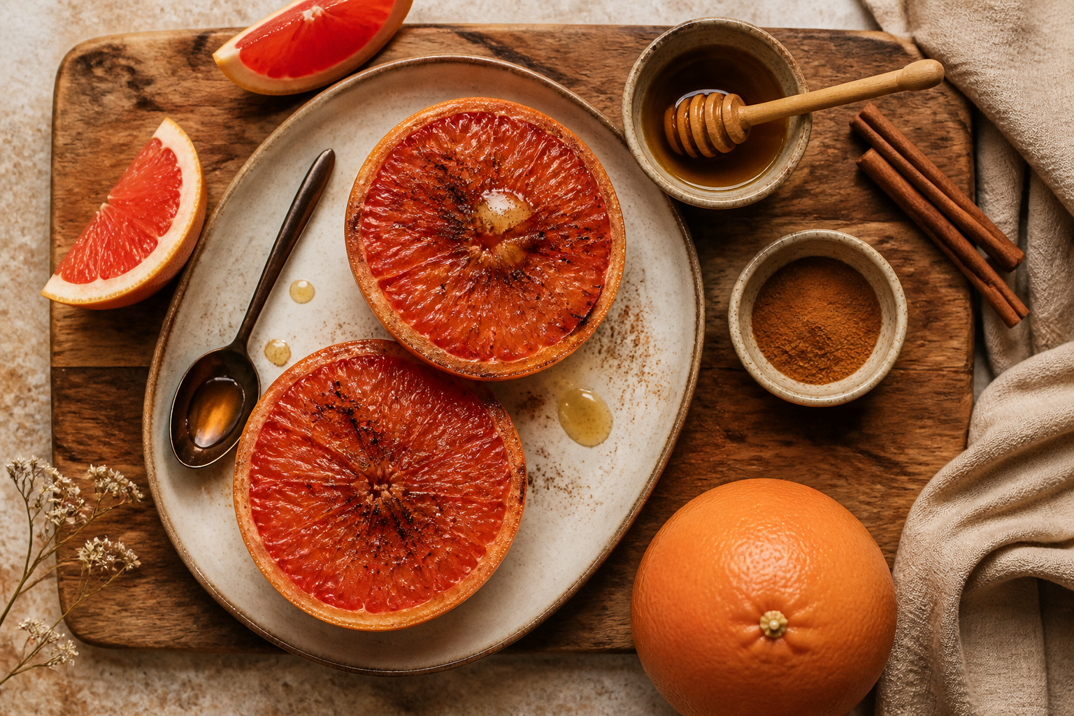 Overhead shot of Broiled Grapefruit with Honey and Cinnamon plated appetizingly in a wooden board