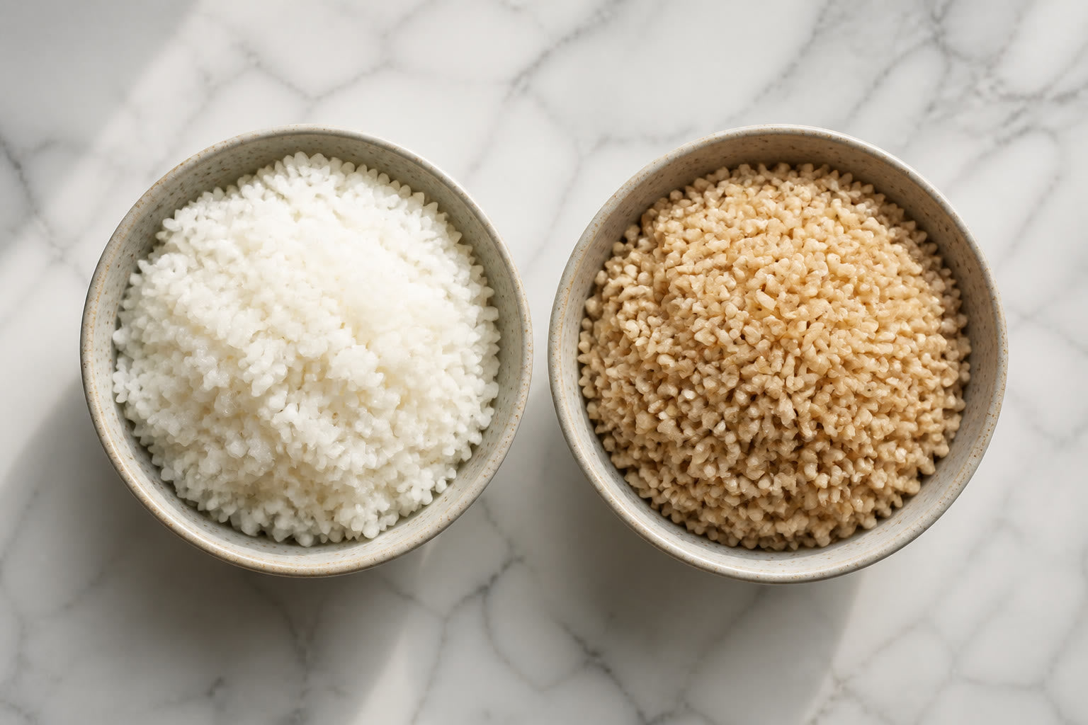 Side-by-side bowls of white rice and brown rice