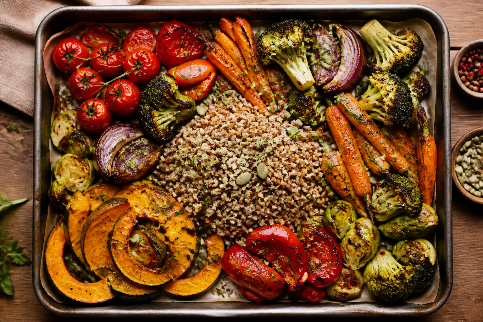 Overhead shot of Buckwheat and Roasted Vegetable Bowl plated appetizingly in a baking tray