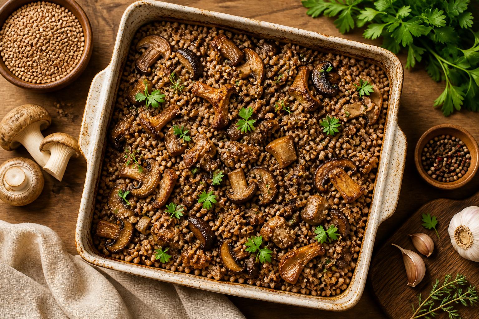 Overhead shot of Buckwheat Groats with Roasted Mushrooms plated appetizingly in a baking tray