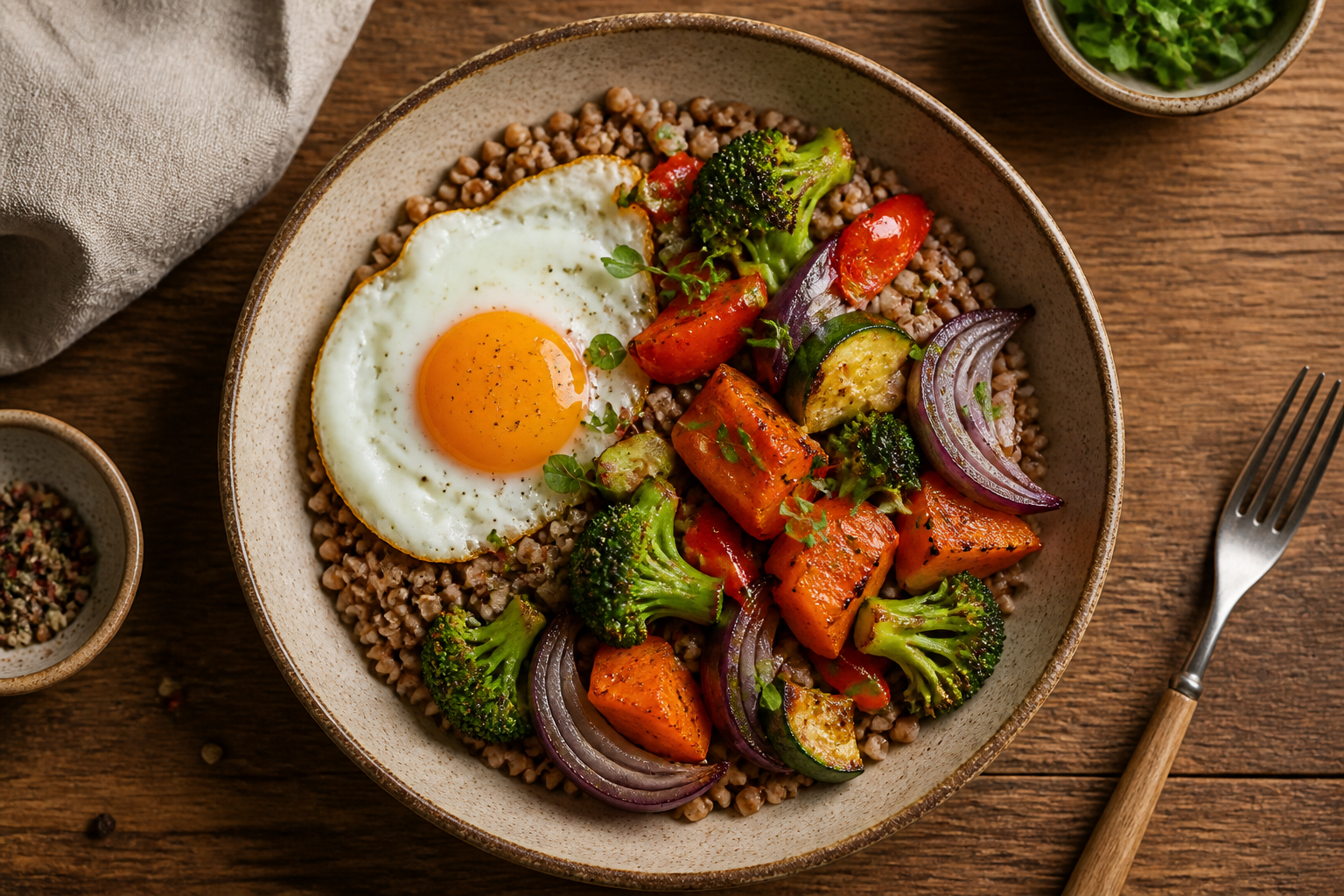 Overhead shot of Buckwheat Porridge with Roasted Vegetables and Egg plated appetizingly in a ceramic bowl