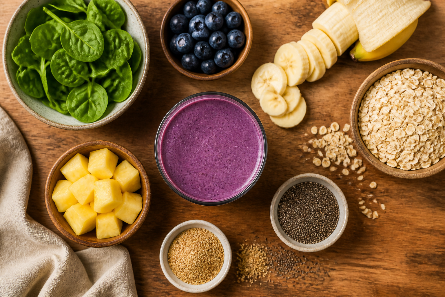Overhead editorial still life related to Building a Fiber-Rich Smoothie Your Gut Can Actually Handle on a warm wooden surface