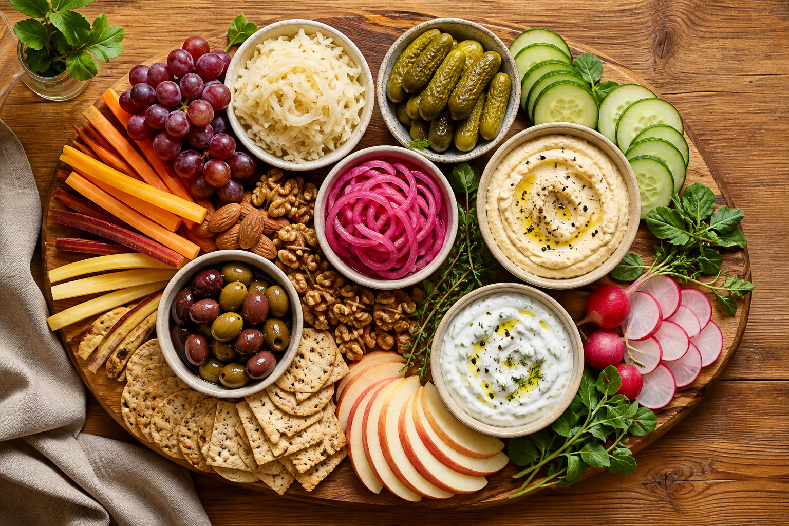 Overhead editorial still life related to Building a Gut-Friendly Snack Board Your Guests Will Actually Enjoy on a warm wooden surface