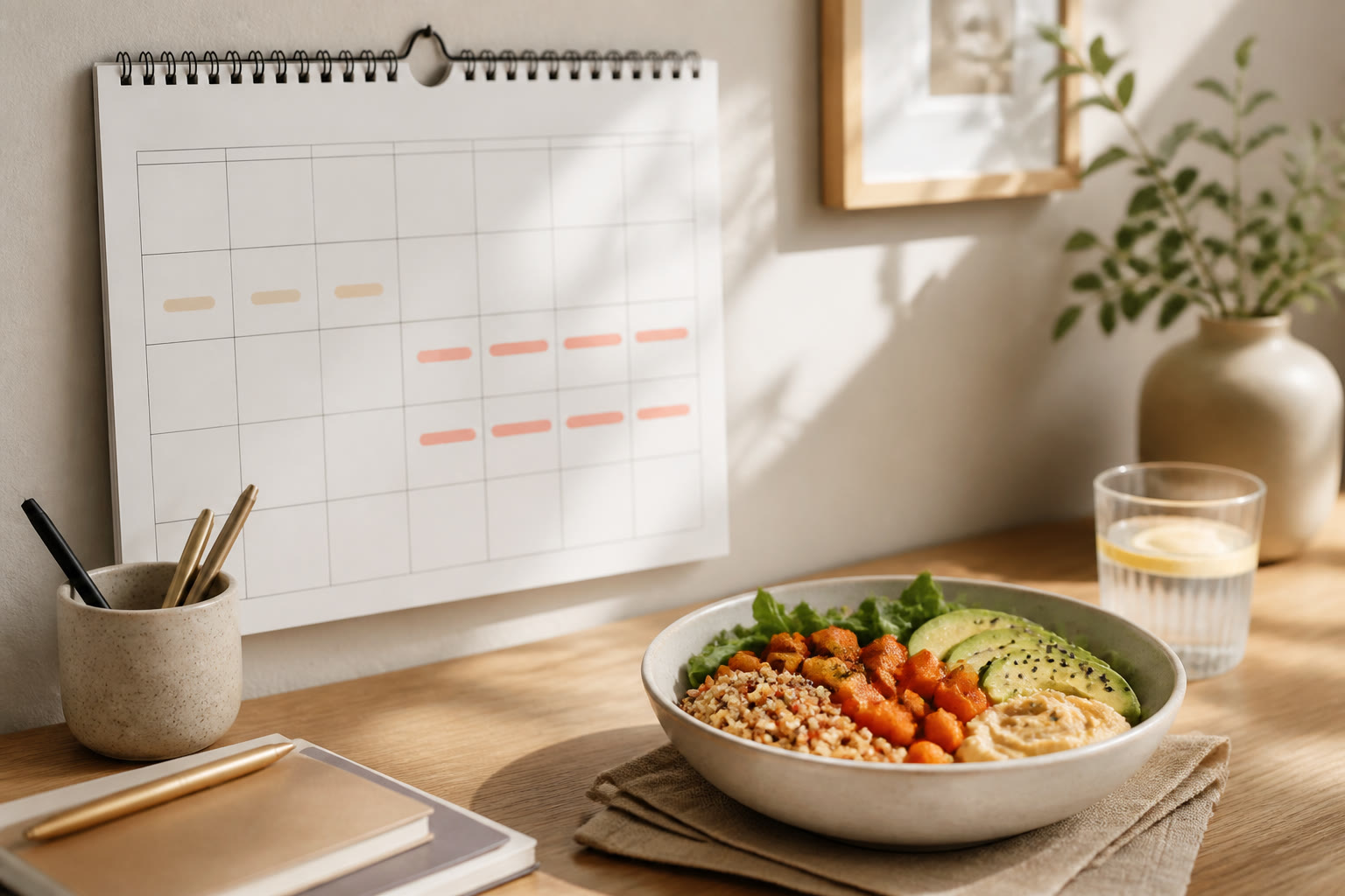 A calendar marked ahead of a busy stretch beside a simple healthy meal.